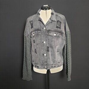 POL Black Denim Sweater Jacket Distressed Button Down Retro Ladies Size Medium